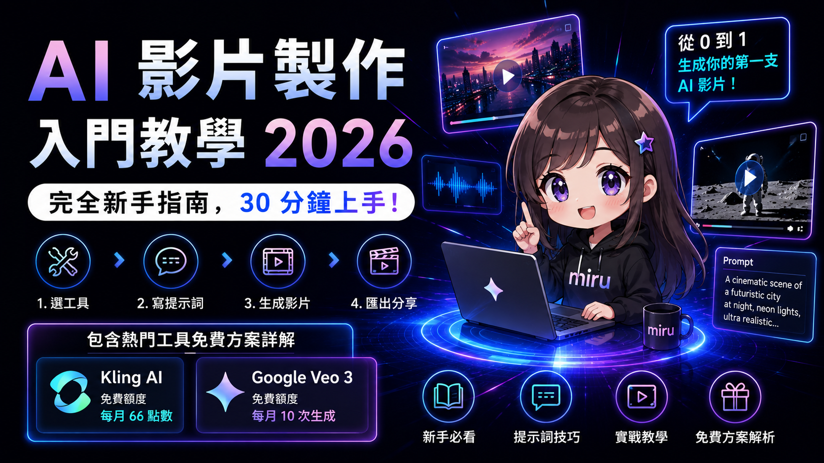 AI 影片製作入門教學 2026：從零開始選工具、寫提示詞、生成第一支影片